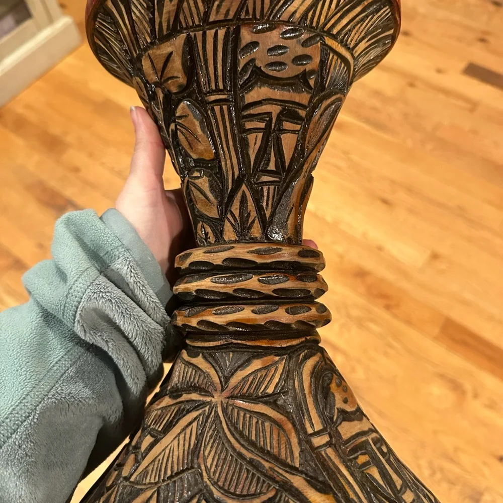 Hand-Carved Floral Pedestal Vase Planter in Brown and Tan